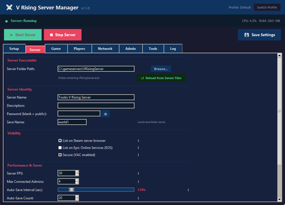 The V Rising Server Manager window, showing the server running with CPU and RAM use, Start and Stop buttons, and the Server tab with the server folder, name and visibility settings.