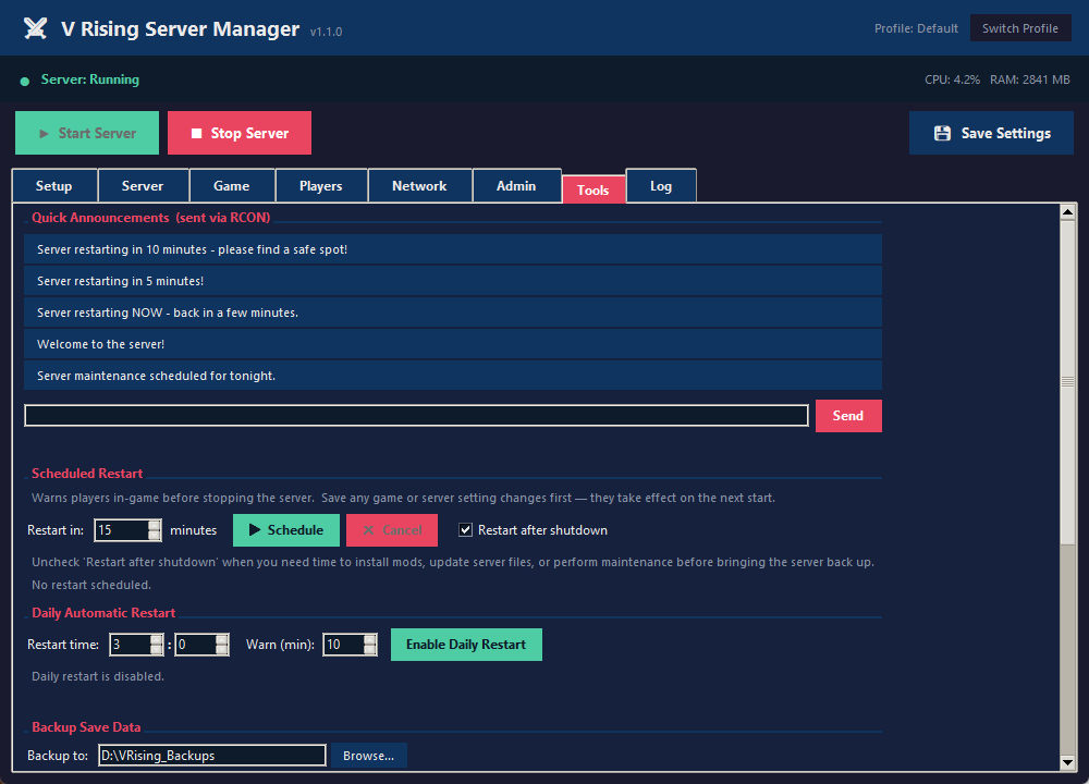The Tools tab: quick announcement buttons, a scheduled restart countdown, the daily restart time and warning, and the backup folder.